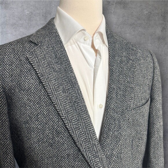 Vintage TWEED WOOL Mens Blazer Sport Coat Two Button Jacket 44L Gray Herringbone - Picture 3 of 15